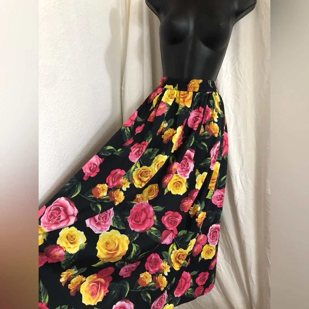 Joie black and yellow red pink roses print maxi cotton blend skirt size medium